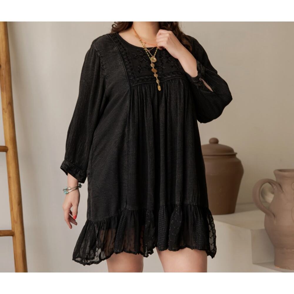 Young Threads Black Embroidered Babydoll Dress 1X NWT Ruffle Hem - Boho Artisan - Picture 5 of 8